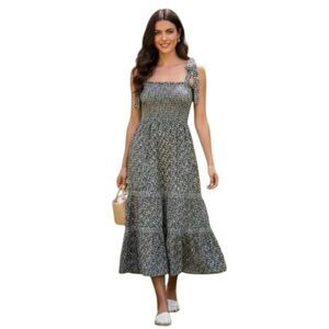 O.P.T. Cara Smocked Tiered Midi Dress Blue White Floral Small Cottagecore Boho